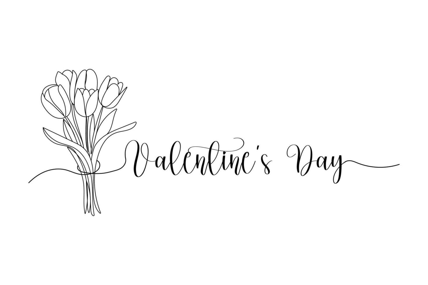 Valentines day, tulip bouquet. One solid line and text. for greeting card design vector
