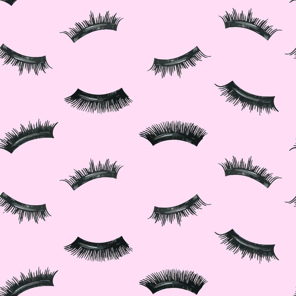 False eyelashes for tape extensions. Hand drawn watercolor illustration. Seamless pattern on a pink background. vector
