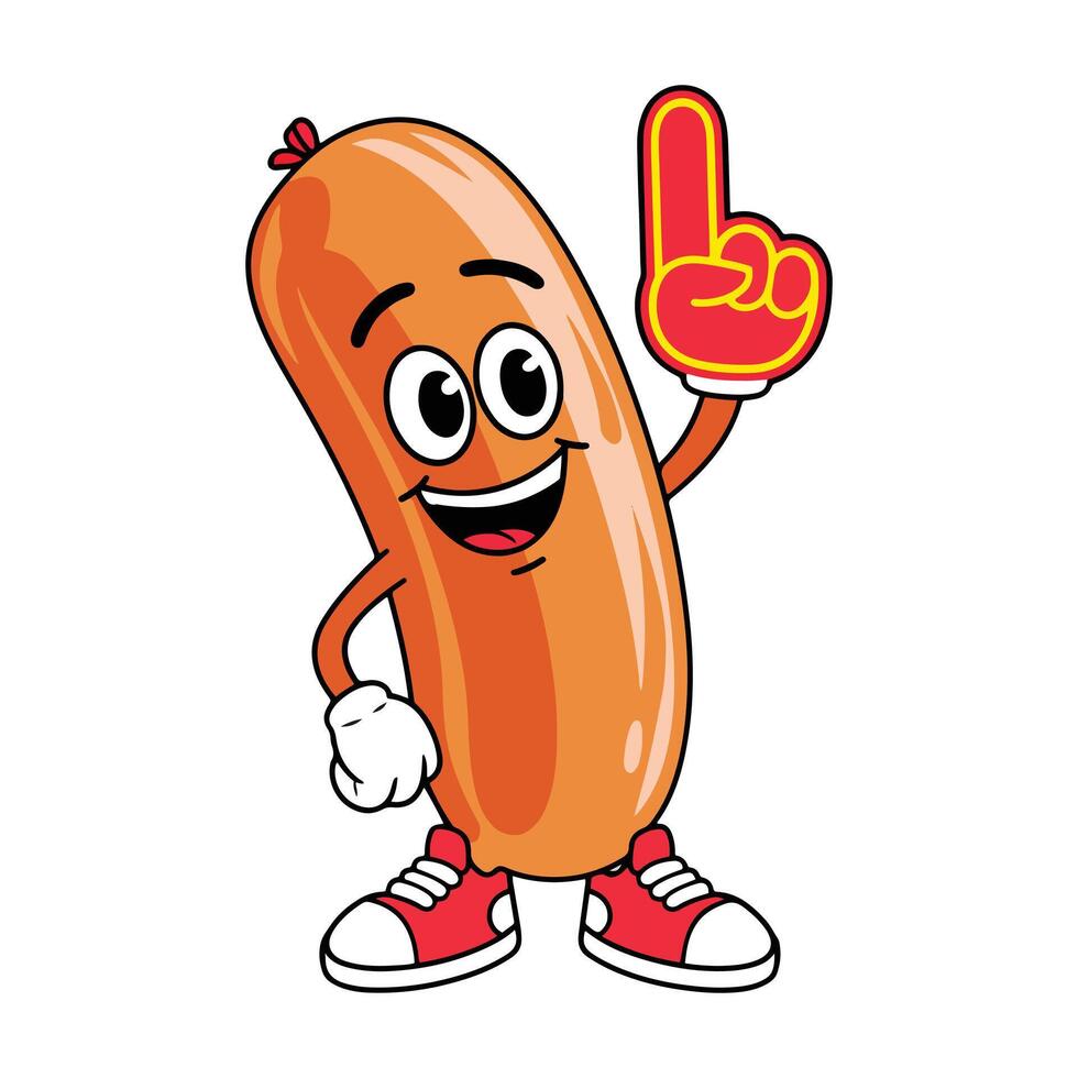 illustration of a sausage mascot character pointing a foam finger up. Fun and engaging design, perfect for sports-themed or food-related projects. vector