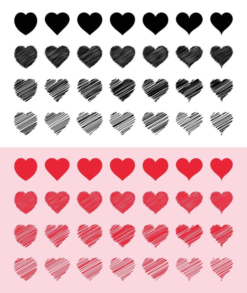 Black and Red Hand Drawn Hearts Collection Set vector