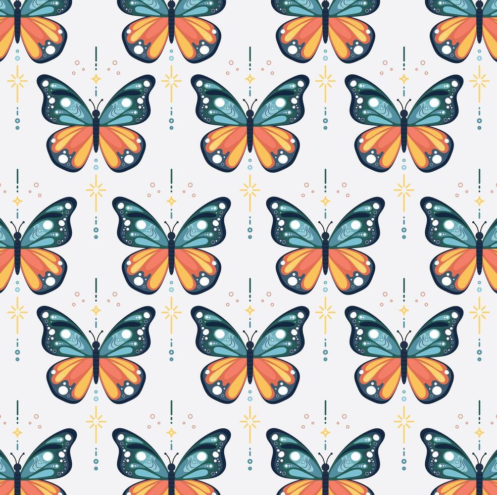 Mystic Boho insect, butterfly pattern illustration featuring magical moth elements. Esoteric retro butterflies on a neutral colored background vector