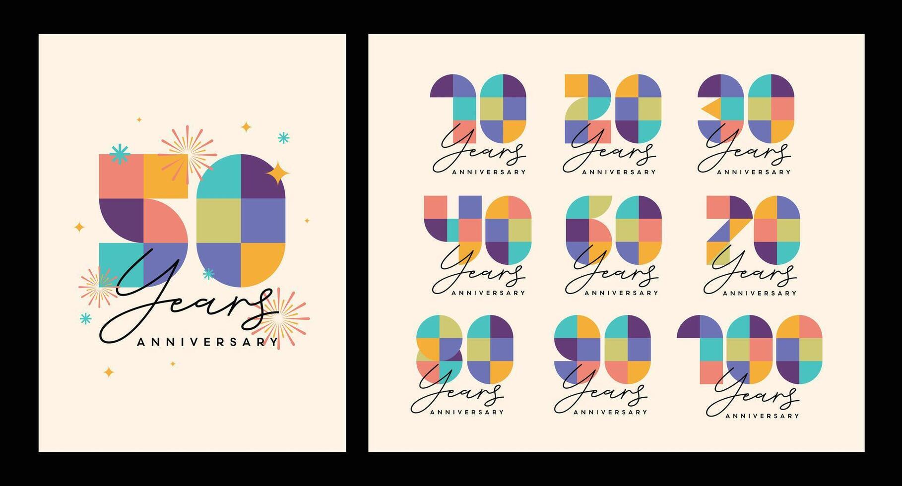 Anniversary number logo concept design featuring a modern geometric style. a set of numbers with colorful fireworks and celebratory backgrounds. Perfect for milestone events, festive occasions. vector
