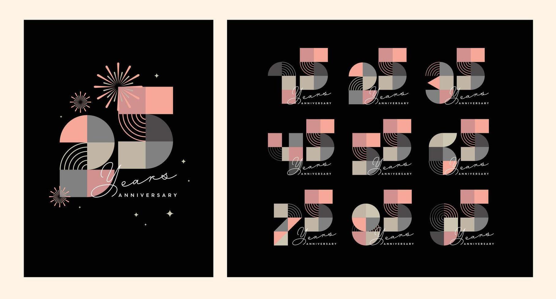 set Anniversary number logo concept design featuring a modern geometric style. a set of numbers with colorful fireworks and celebratory backgrounds. Perfect for milestone events, festive occasions. vector