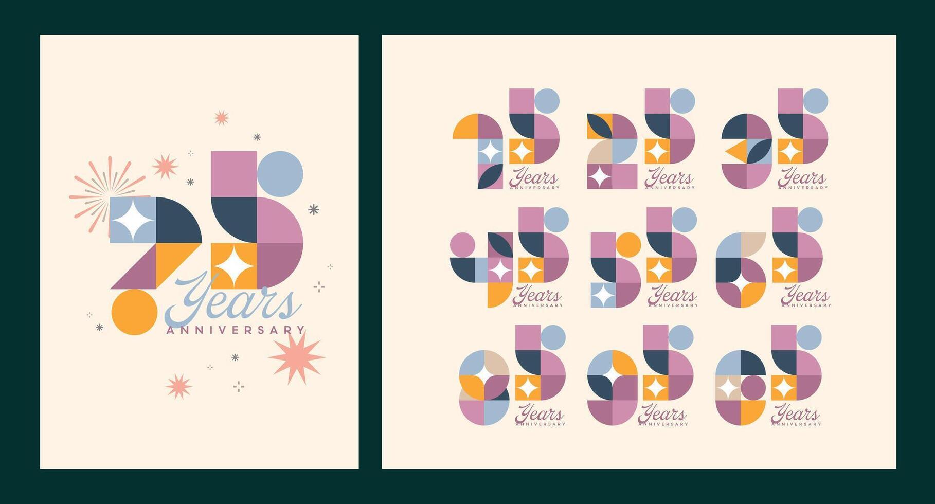 pastel Anniversary number logo concept design featuring a modern geometric style. a set of numbers with colorful fireworks and celebratory backgrounds. Perfect for milestone events, festive occasions. vector