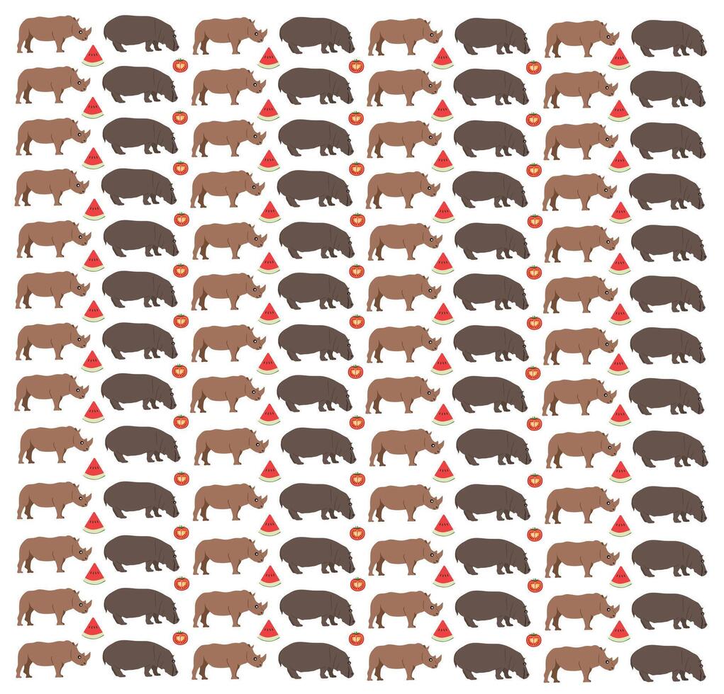 hippopotamus, rhinoceros with fruit as a pattern background vector