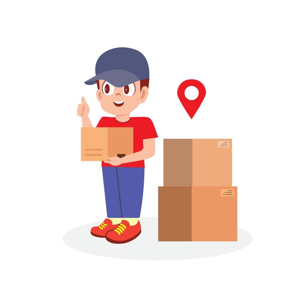 A cheerful boy wearing a blue cap and red outfit while standing next to cardboard boxes. courier boy vector