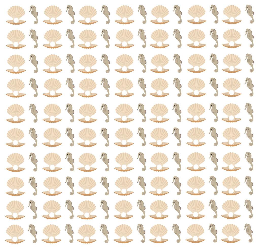 pearl oysters and seahorses as a pattern background vector