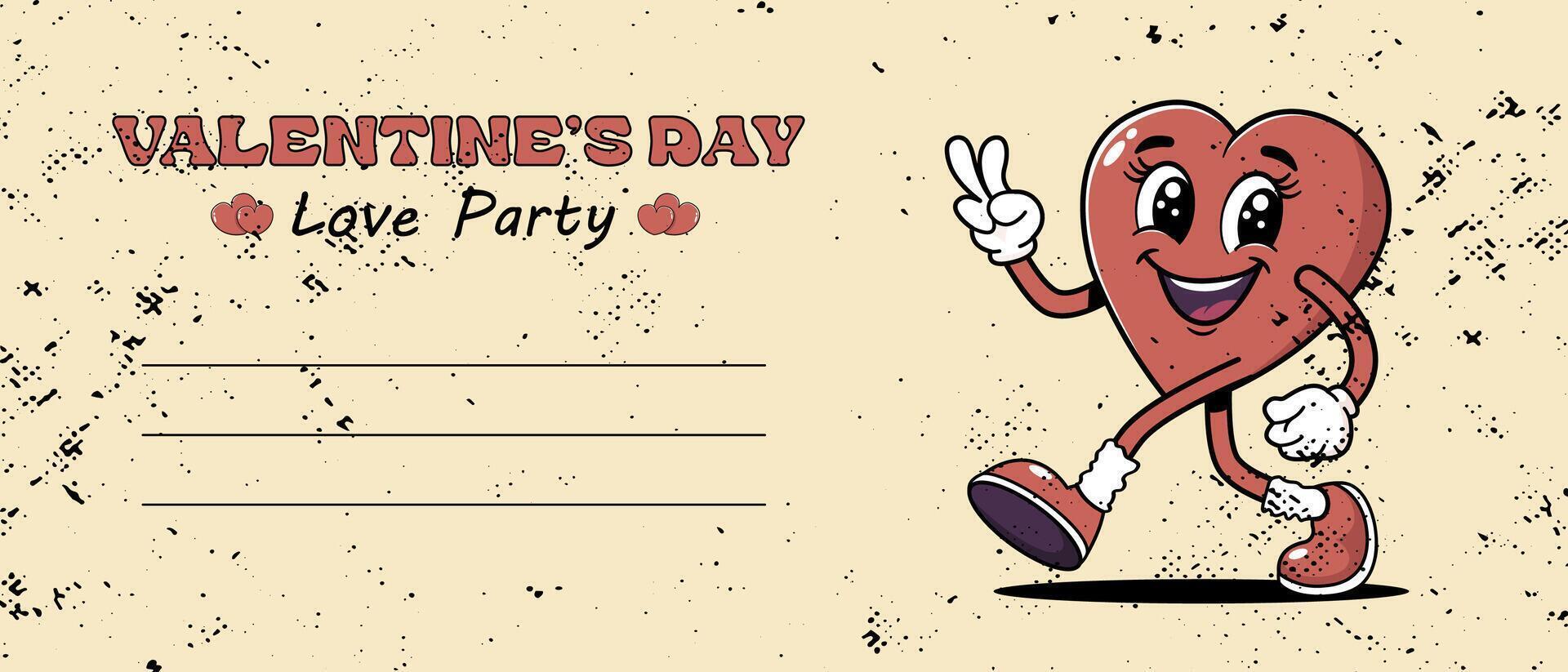 Valentine's Day party invitation. Cute and walking heart character in retro style. Valentine's Day, February 14 vector