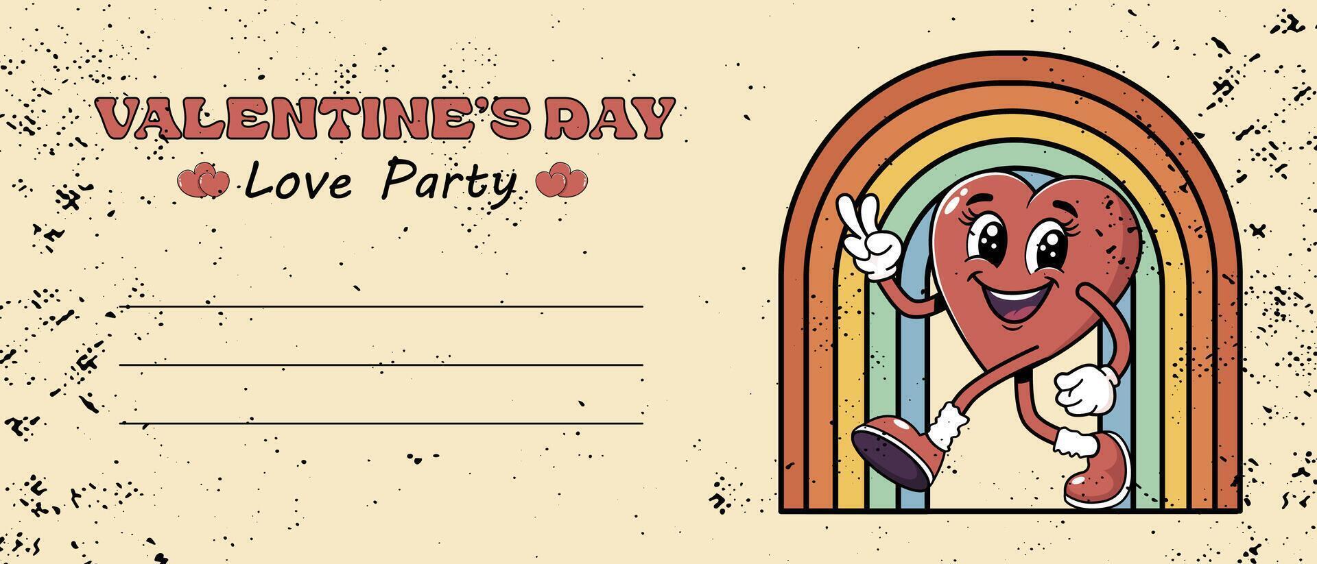 Retro Groovy Valentine's Day, Love Party Invitation. Heart character walking in retro groovy style dynamics. horizontal banner in vintage style vector