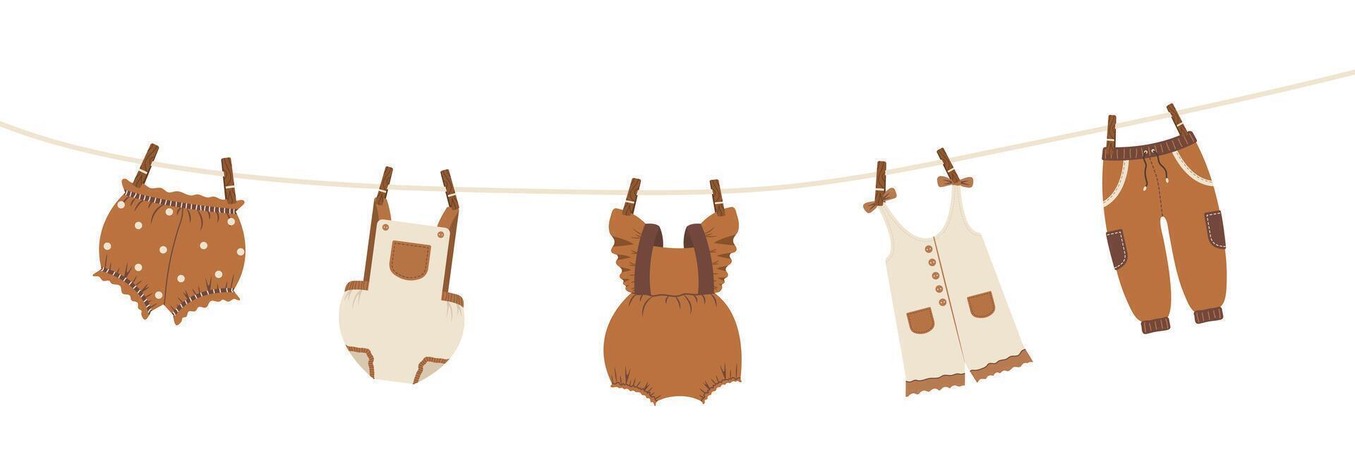 Boho baby clothes dried on a rope. Cute beige knickers after washing. Bohemian kids wardrobe. Vintage illustration in flat cartoon style vector