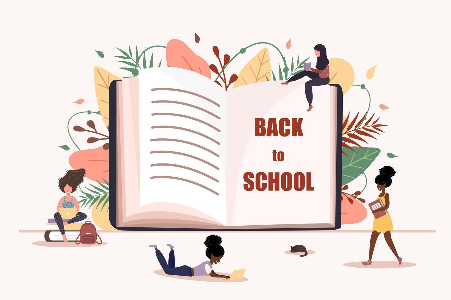 Back to school background. Girls reading a book in her hands. Smart students. Exam. Modern illustration in flat style. vector