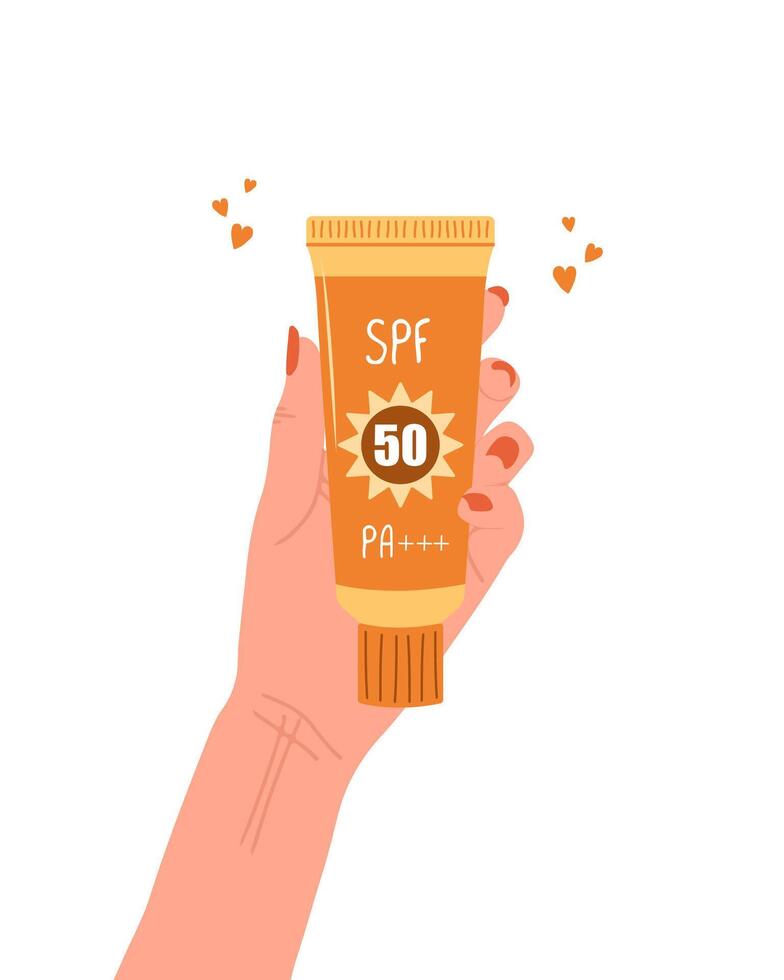 Skin care concept. Female hand holds tube of sunscreen. Facial cream with SPF. Protection for face from solar ultraviolet light. Hand drawn beauty product. illustration in flat style vector