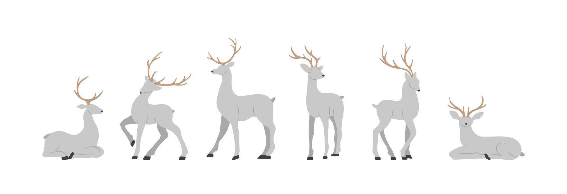 Silhouettes of grey reindeers. Cute deers with antlers standing and jumping. illustration in flat cartoon style vector