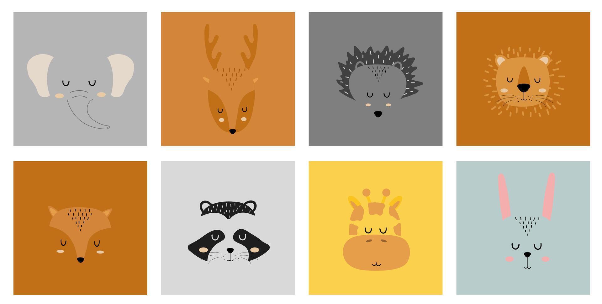 Set of cute hand drawn sleeping animals characters. Cartoon zoo. illustration. Elephant, deer, hedgehog, lion, fox, raccoon, giraffe and hare. vector