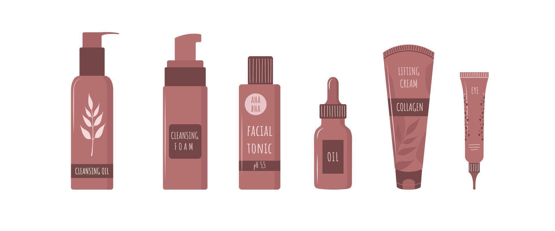Hydrating facial cosmetics. Set of skin care products for cleansing and moisturizing. Morning routine. Face makeup removal. Hand drawn icons. illustration in flat cartoon style vector