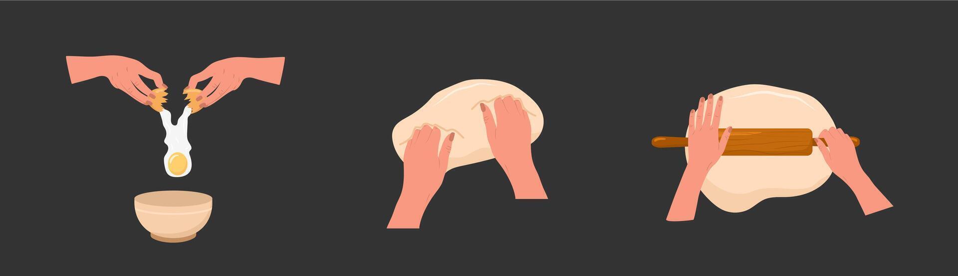 Kneading dough hands. Woman mixing ingredients in bowl and rolls homemade dough with rolling pin. Top view. Stay home and cook healthy food by recipe. illustration in flat cartoon style vector