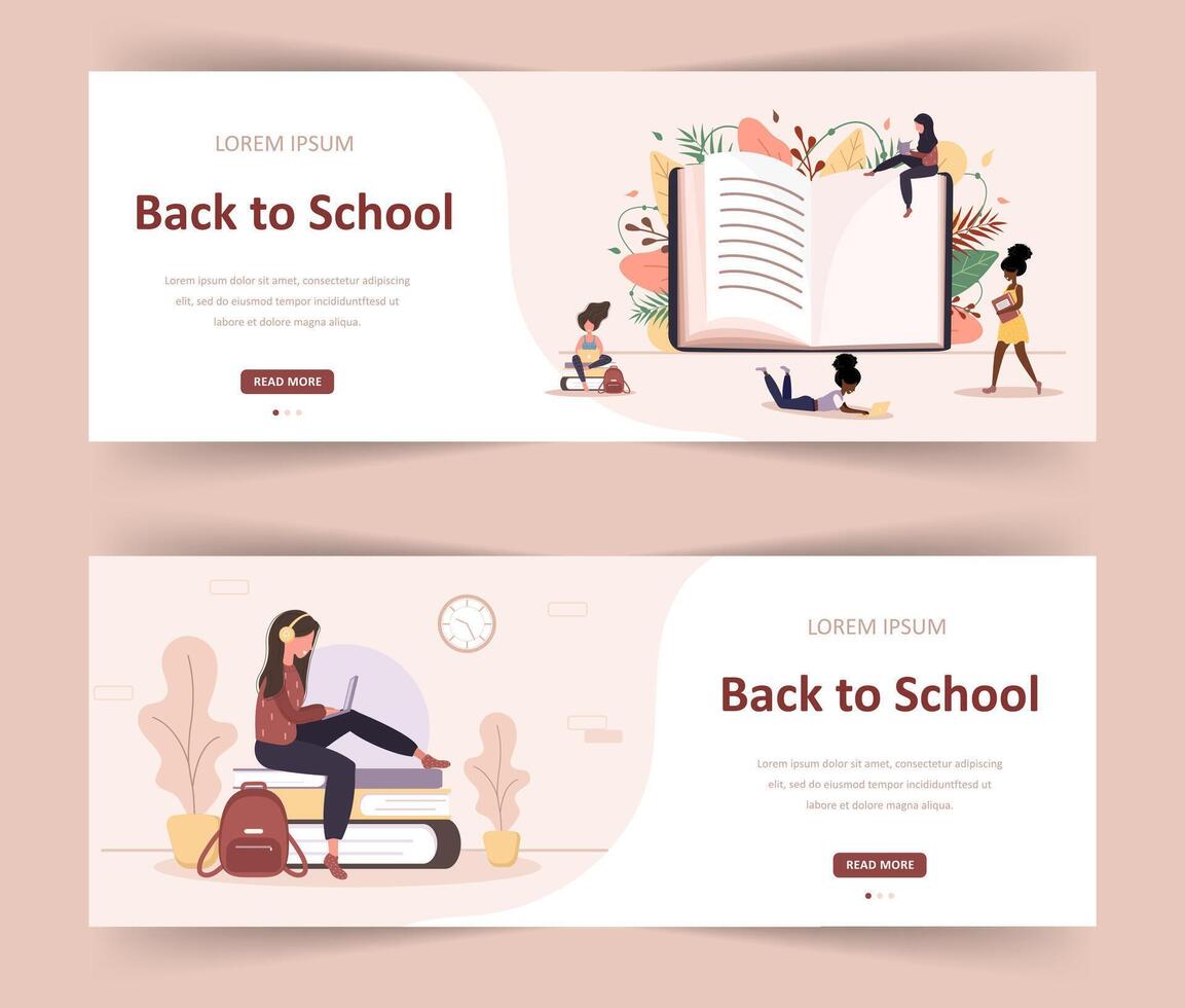 Welcome back to school. Girls reading book. Smart students. Women cartoon character. Modern illustration in flat style. Web banner for diverse education community and creativity. vector
