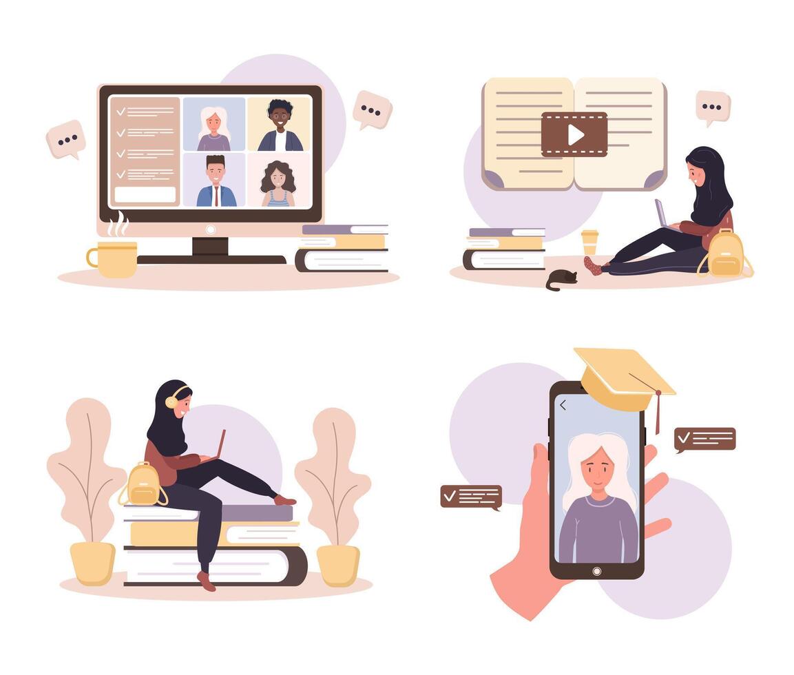 Online education. Flat design concept of training and tutorials. Student learning at home. illustration for website banner, marketing material, presentation template, online advertising. vector