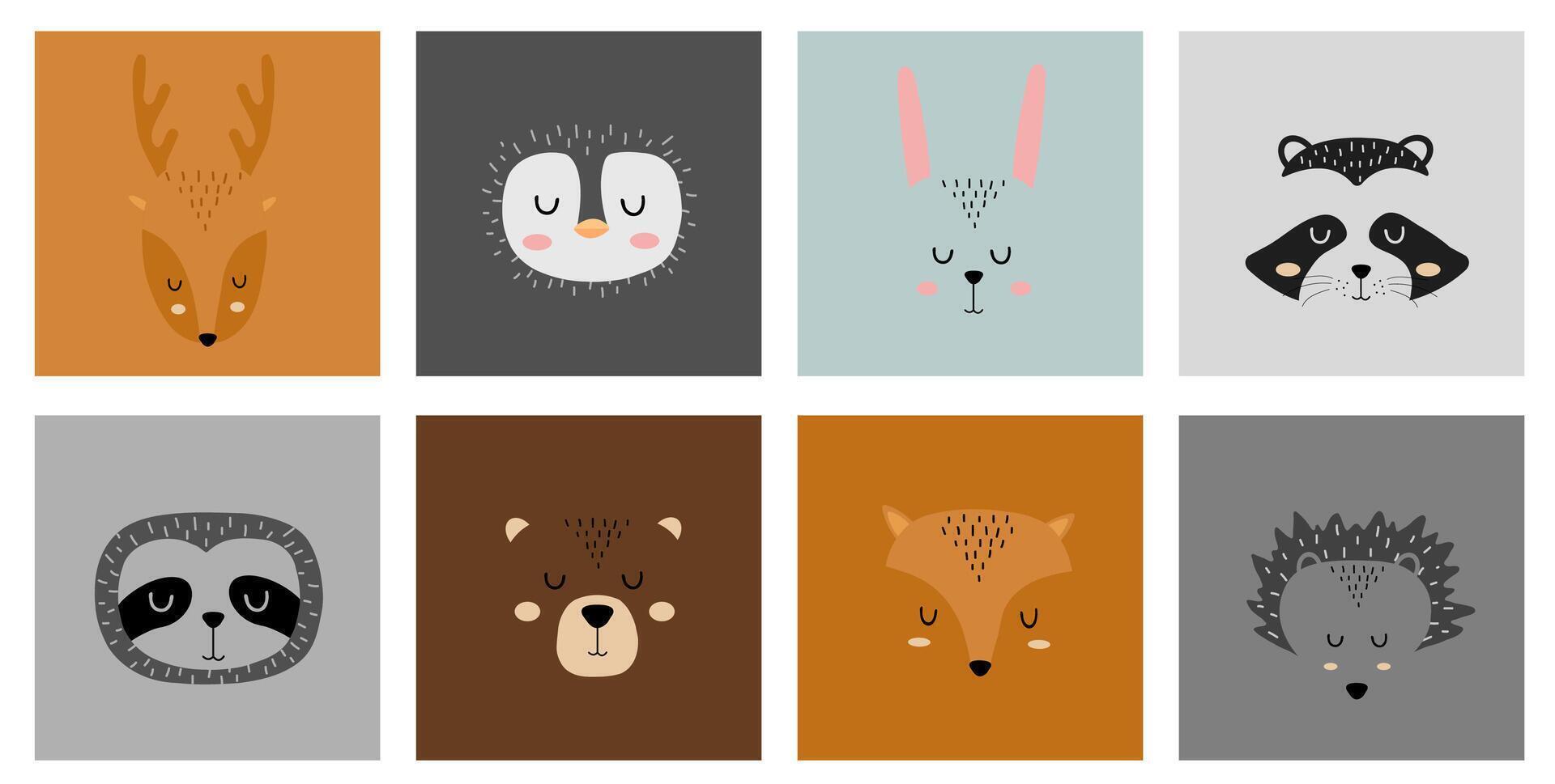 Set of cute hand drawn sleeping animals characters. Cartoon zoo. illustration. Deer, penguin, hare, raccoon, sloth, bear, fox and hedgehog. vector