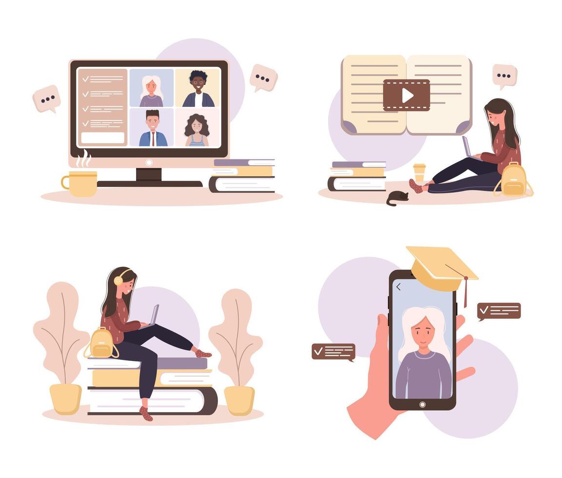 Online education. Flat design concept of training and tutorials. Student learning at home. illustration for website banner, marketing material, presentation template, online advertising. vector