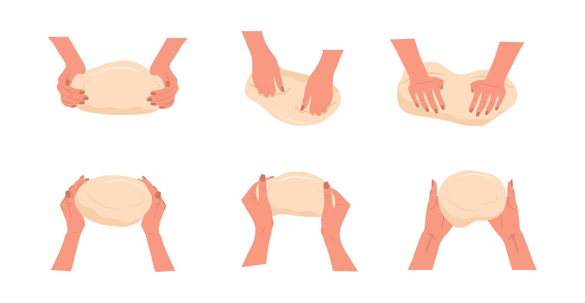 Kneading dough hands. Woman prepares homemade baking or pasta. Top view. Cooking school. Stay home and cook healthy food by recipe. illustration in flat cartoon style vector