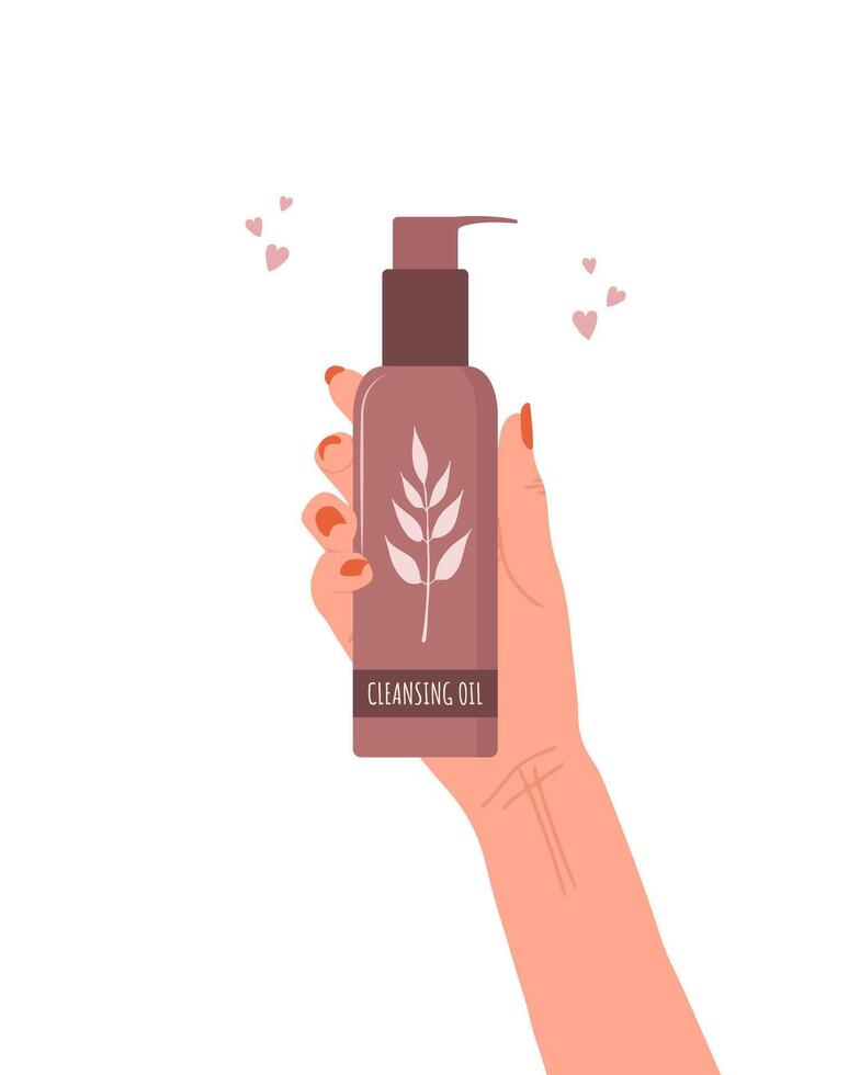 Skin care concept. Female hand holds tube of deep cleansing oil. Morning routine. Face makeup removal. Hand drawn beauty product. illustration in flat cartoon style vector