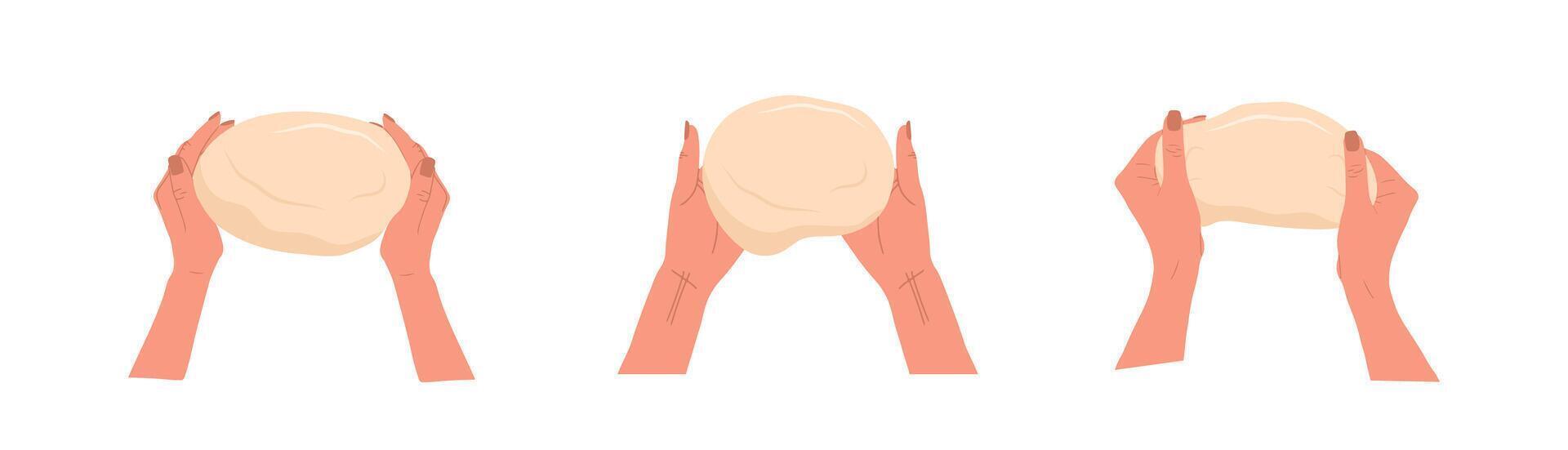 Dough in woman hands. Woman prepares homemade wholegrain bread. Top view. Cooking school. Stay home and cook healthy food by recipe. illustration in flat cartoon style vector