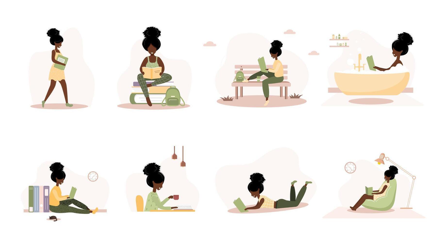 Books lovers. African reading women holding books. Preparing for examination or certification. Knowledge and education library concept, literature readers. Set of illustration in flat style. vector