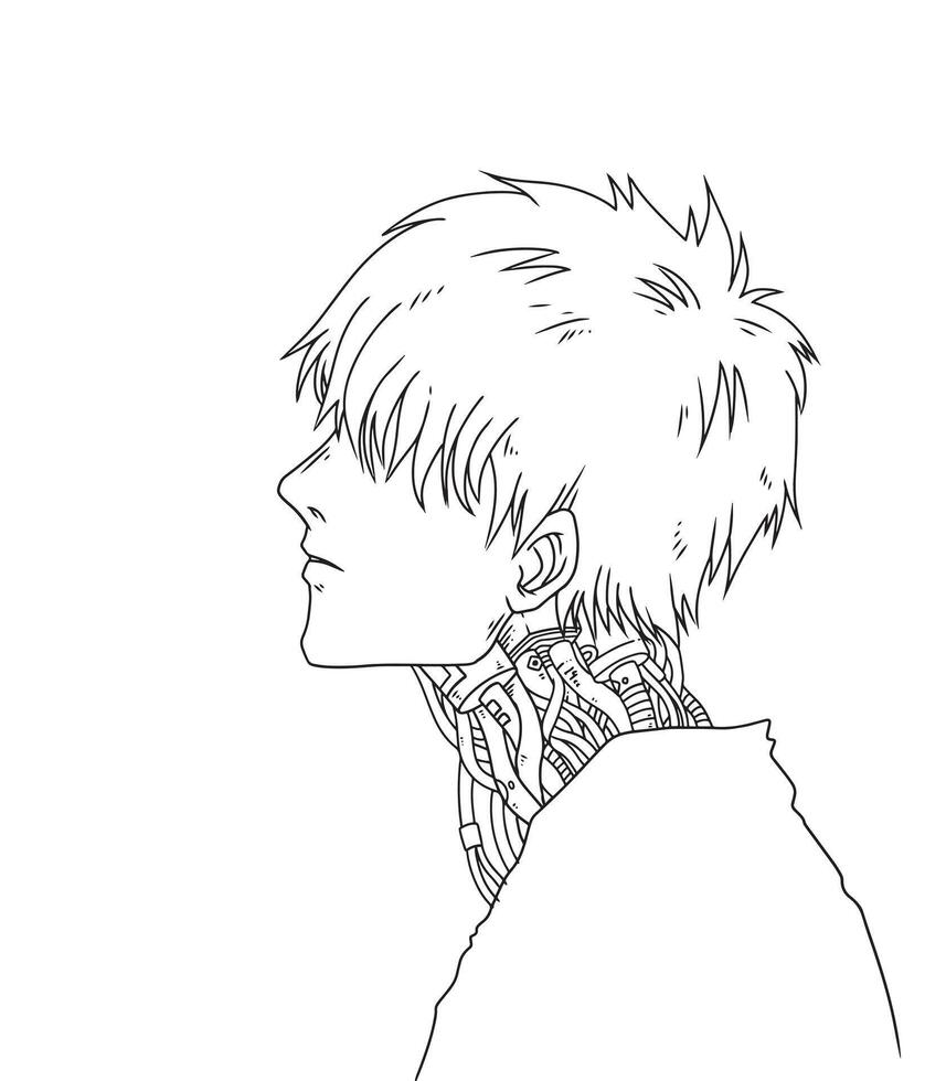 Line art illustration of an original character in anime style. A half man and half machine. Used for coloring book, coloring page, etc vector