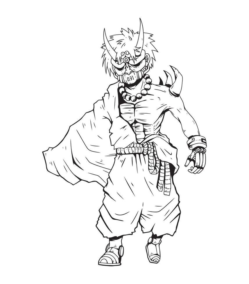 Illustration of an original character in anime style. A samurai wearing japanese demon mask. Used for coloring book vector