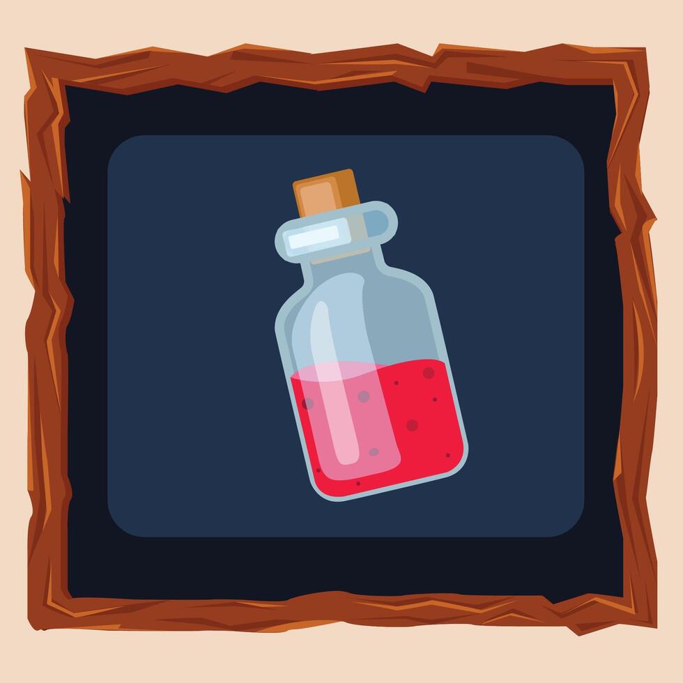 a bottle with red liquid in it on a wooden frame vector