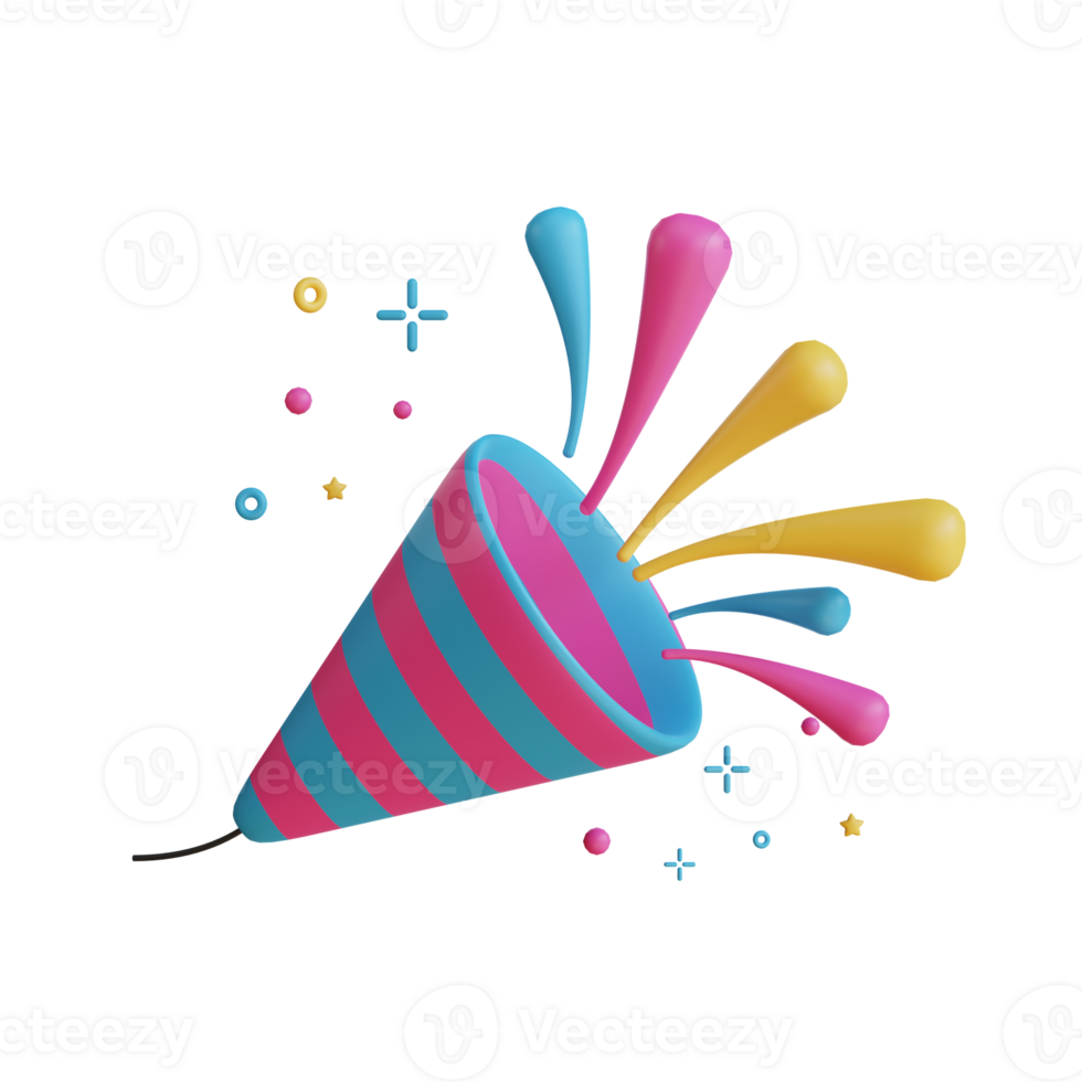 3D party popper exploding with colorful confetti. png