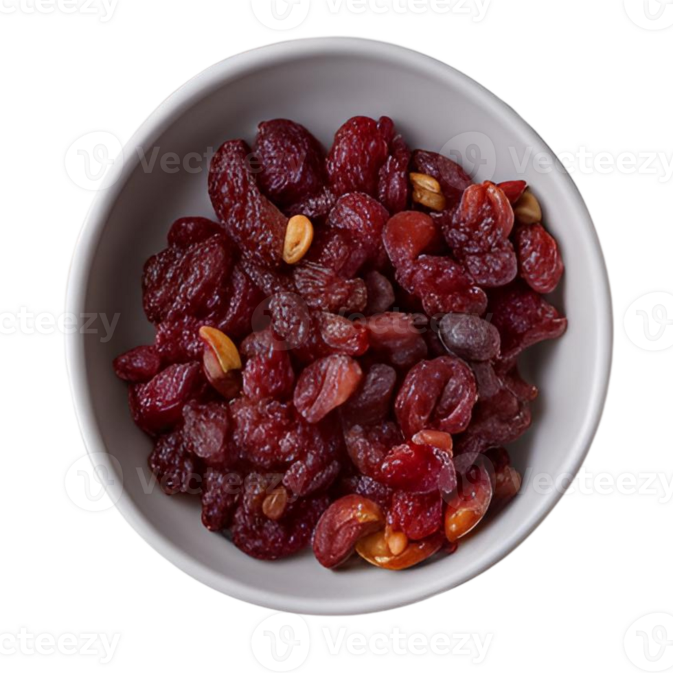 Dried fruits are scattered throughout the granola png