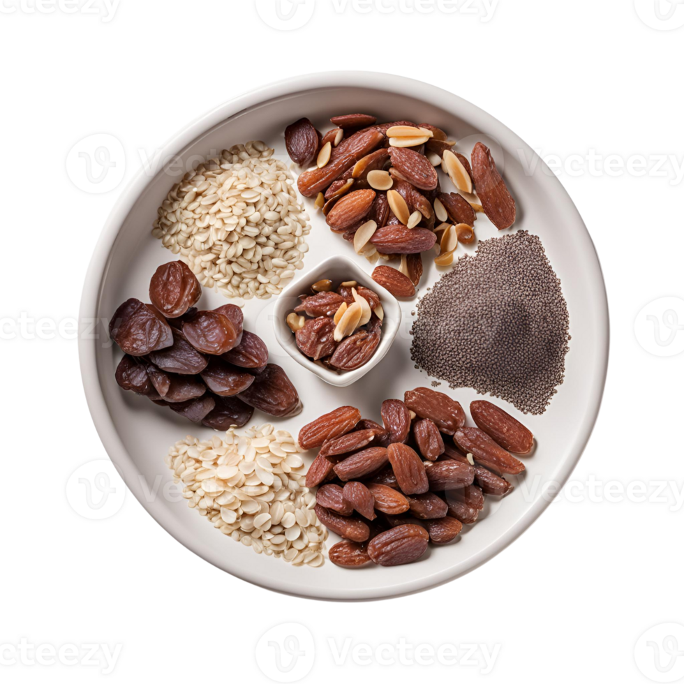 Dates, oats, chia seeds, cacao nibs, and coconut come together in a perfect energy snack mix png