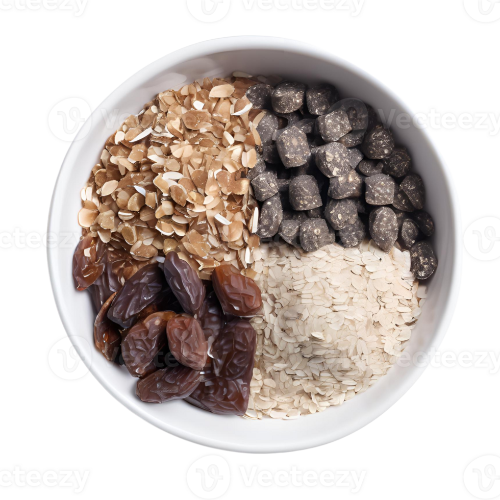 The flakes are arranged just so, enhancing the dates, oats, and coconut in the energy snack png
