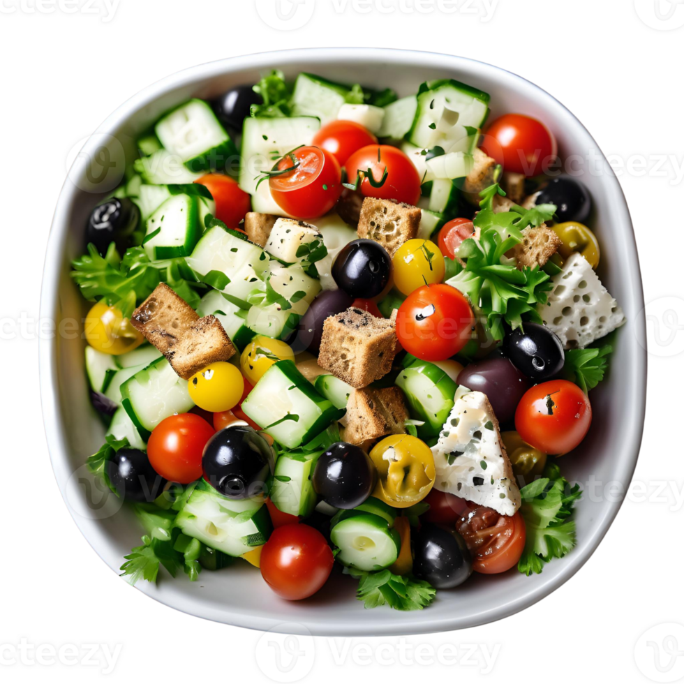 Olives, cucumber slices, cherry tomatoes, and croutons, the salad is complete with parsley png