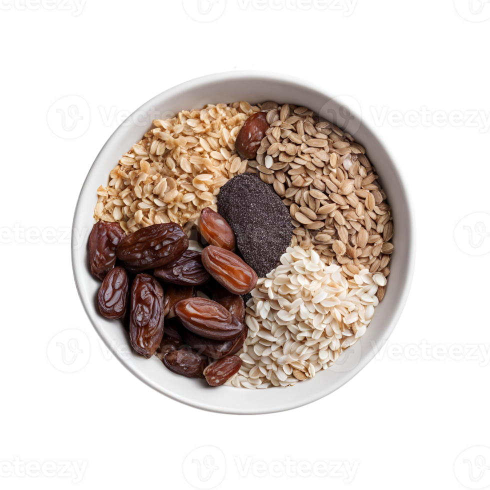 Healthy energy snack combines oats, chia seeds, dates, cacao nibs, and coconut in each bite png