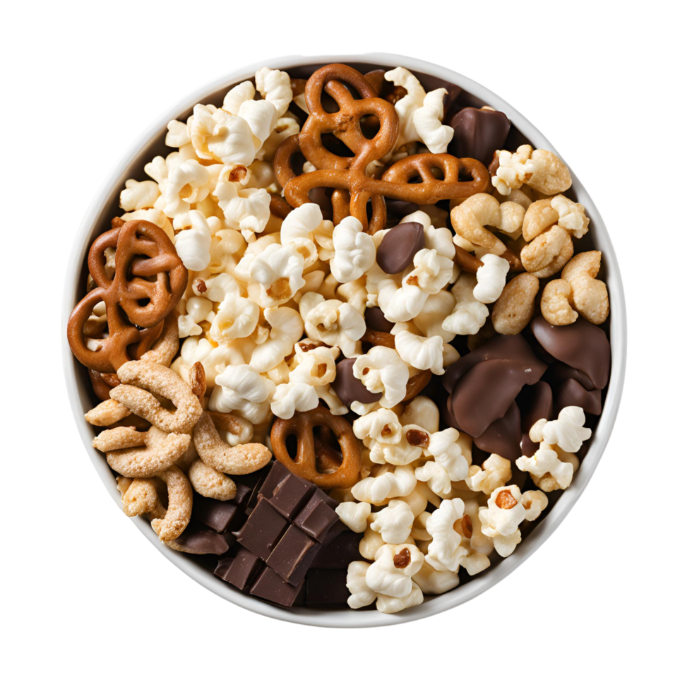 Popcorn, pretzels, peanuts, and chocolate pieces come together in a delicious trail snack png