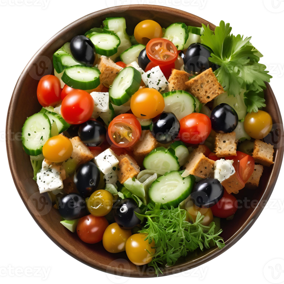A few sprigs of parsley finish off the vibrant mix of tomatoes, cucumbers, olives, and croutons png