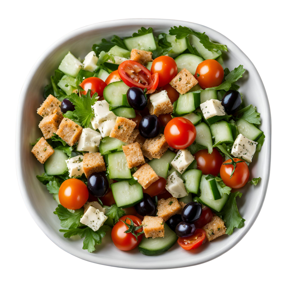 A sprinkle of parsley enhances the medley of tomatoes, cucumbers, olives, and croutons png