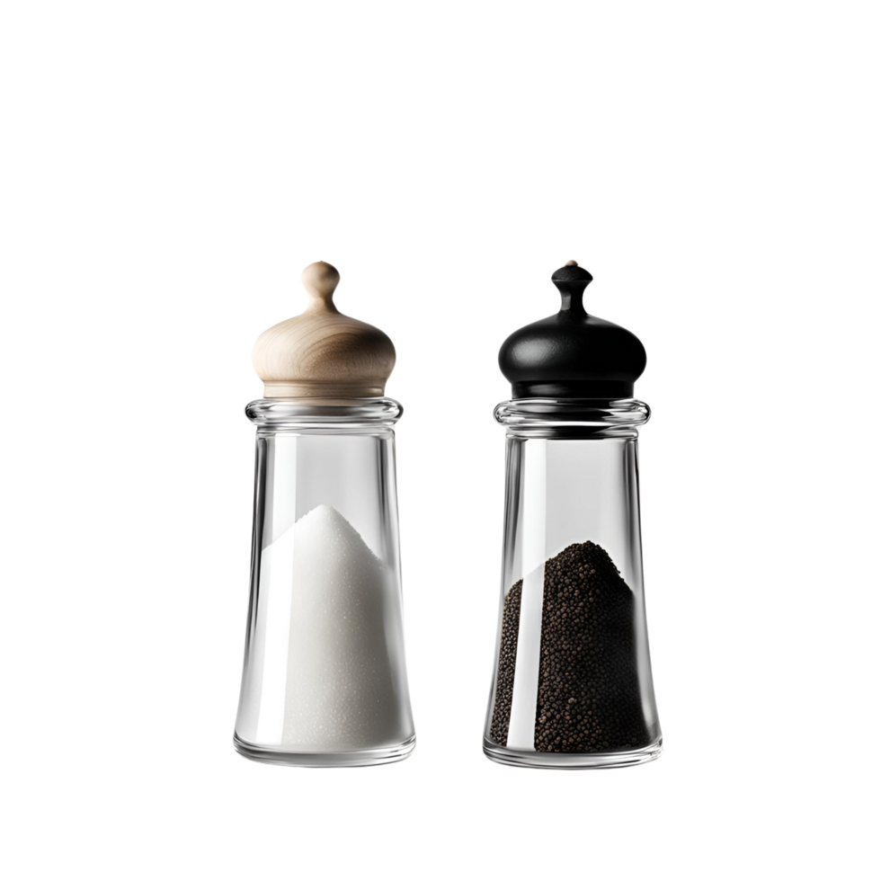 Side by side, the glass salt and pepper shakers contain fine salt and ground black pepper png