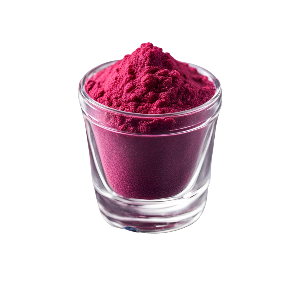 Pink color berry powder in a filled glass mug png