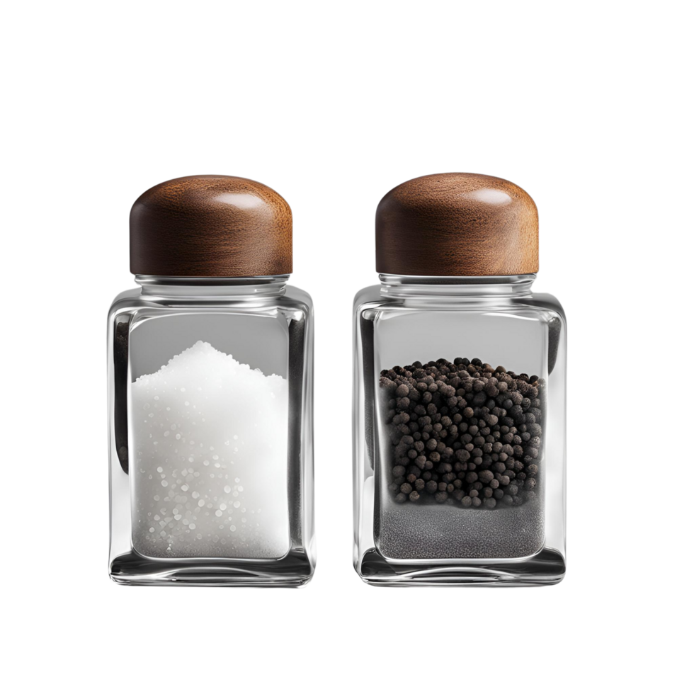 Two glass jar holds fine salt and ground black pepper, positioned side by side png