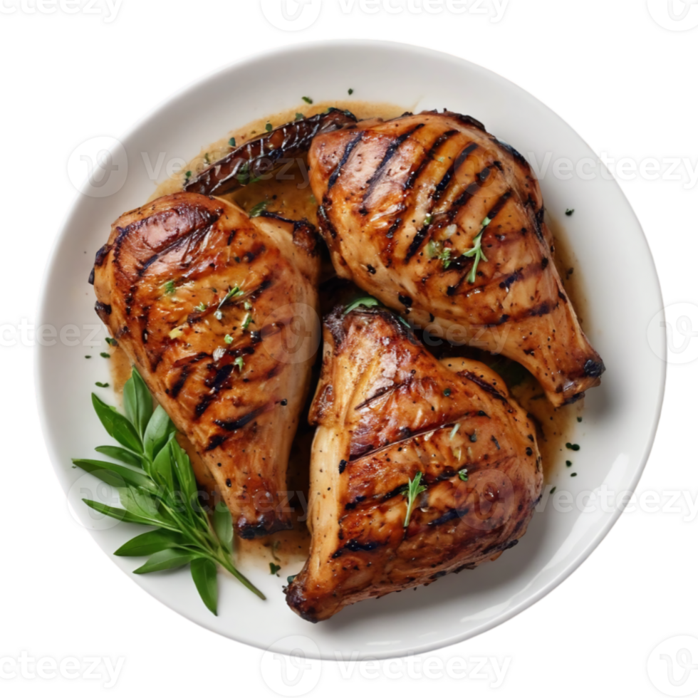 Grilled Chicken Thighs with Fresh Herbs on a White Plate on Transparent Background png