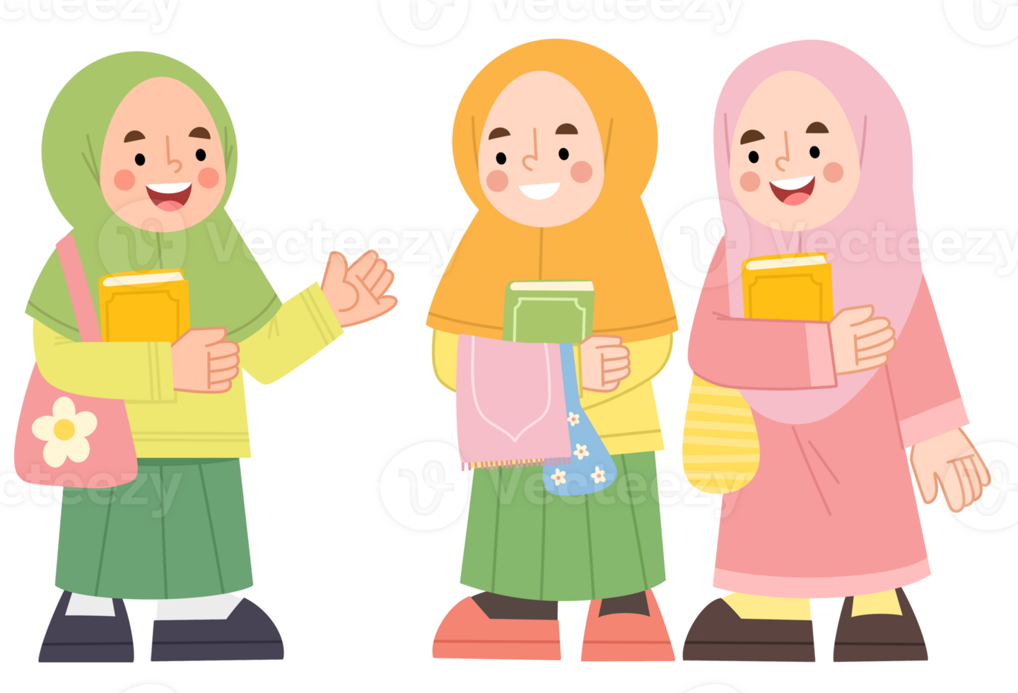 Illustration of hijab girls holding books png