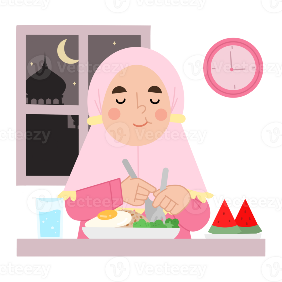 Illustration of a Muslim girl having sahur png