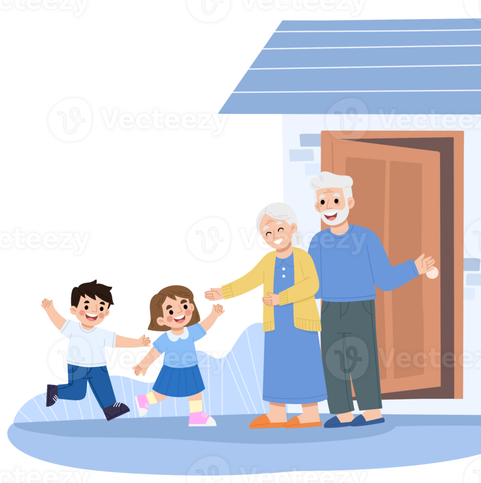 Illustration of children meeting grandparents png