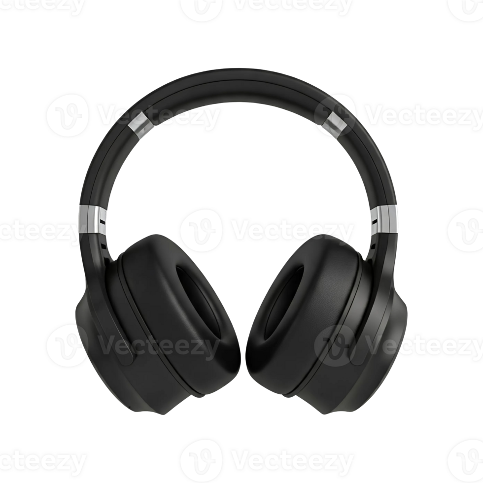 Sleek black wireless headphones featuring comfortable padded ear cups, set against a transparent background, ideal for music lovers and audiophiles. png