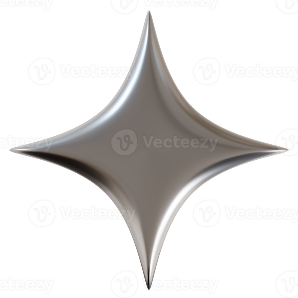3D chrome star with sharp, futuristic design, on transparent background. Modern metallic element, cut out. png