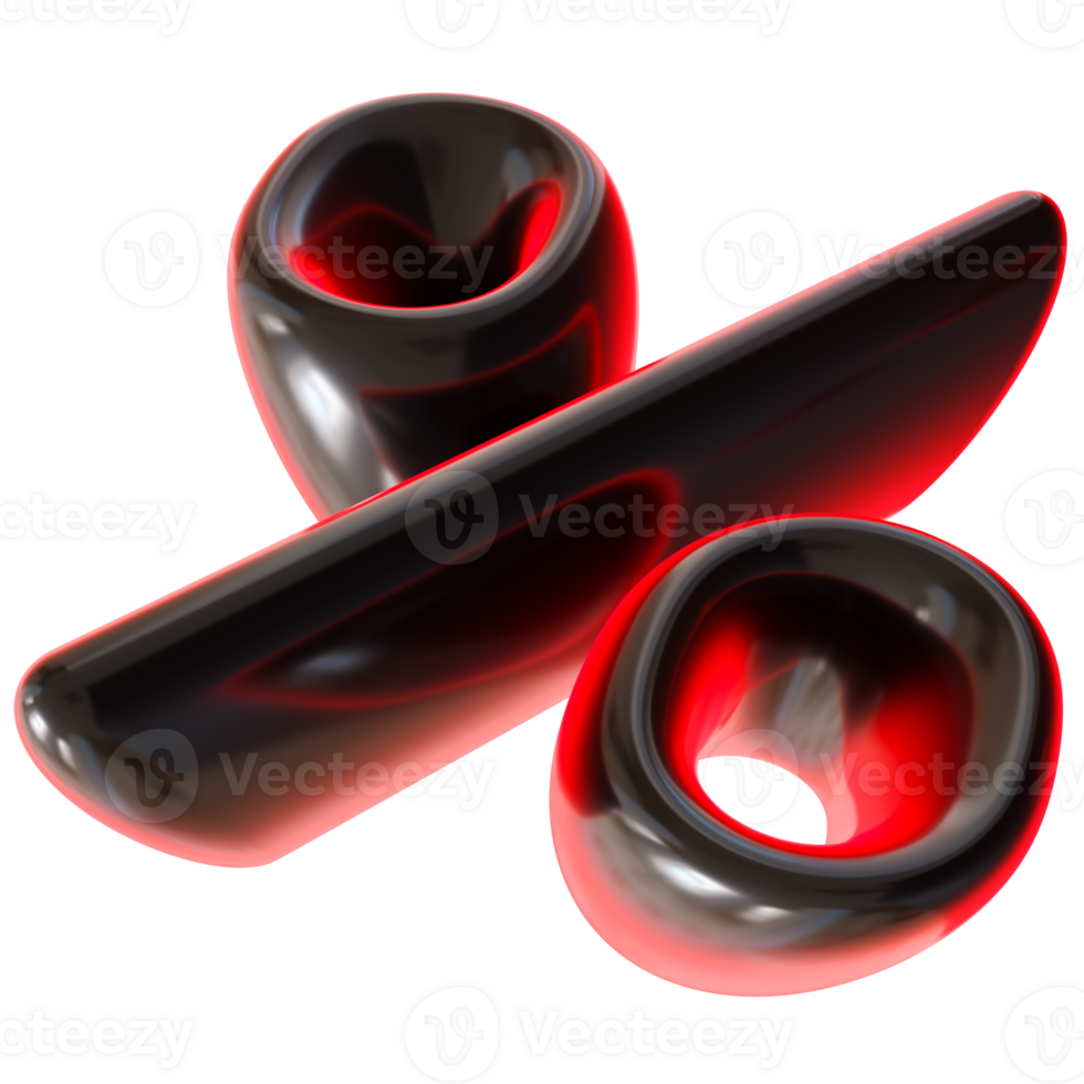 Glossy, black and red percentage symbol on transparent background. Futuristic, tech, modern design. Ideal for representing sales or discounts in innovative visuals. png